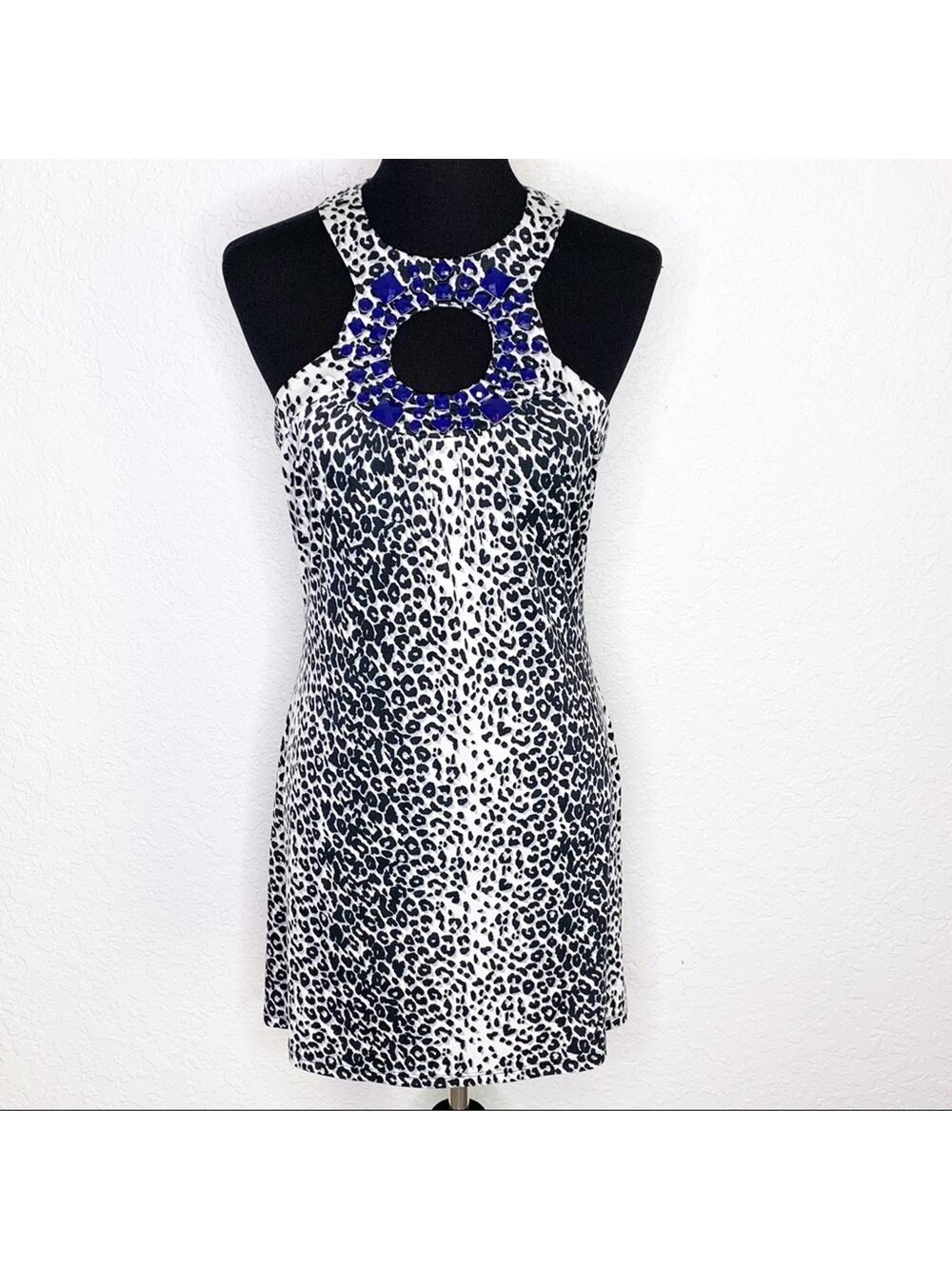 Cache black white animal print blue beaded neckline dress size Medium